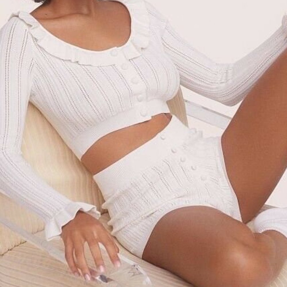 For Love & Lemons XXS NWT 2 Piece Camille Set Pointelle Knit Shorts Cardigan Top - Picture 3 of 11